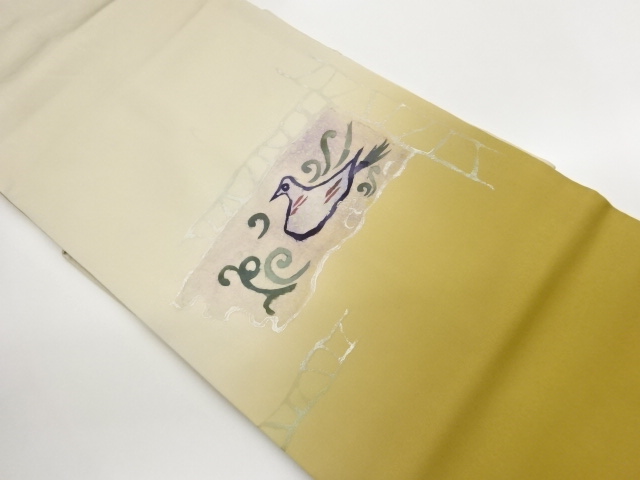 JAPANESE KIMONO / SHIOZE WASHI HAND-PAINTED ABSTRACT BIRD PATTERN NAGO
